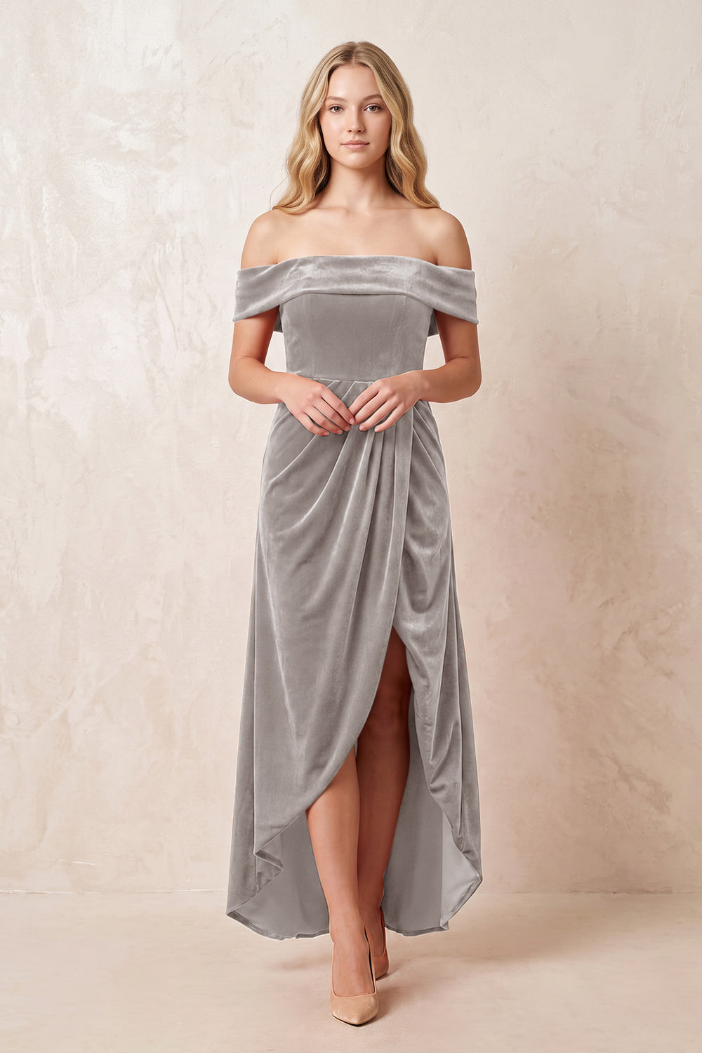 Off-the-Shoulder Sheath Velvet Midi Bridesmaid Dress in Silver