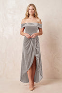 Off - the - Shoulder Sheath Velvet Midi Bridesmaid Dress in Silver - KISS BRIDAL Bridesmaid Dresses