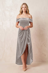 Off - the - Shoulder Sheath Velvet Midi Bridesmaid Dress in Silver - KISS BRIDAL Bridesmaid Dresses
