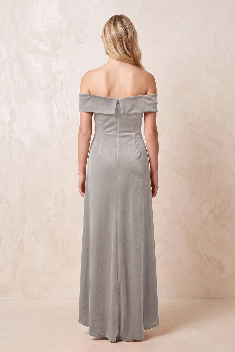 Off-the-Shoulder Sheath Velvet Midi Bridesmaid Dress in Silver
