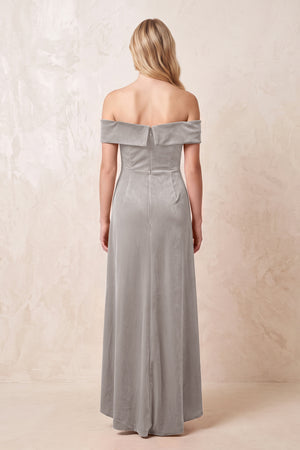 Off - the - Shoulder Sheath Velvet Midi Bridesmaid Dress in Silver - KISS BRIDAL Bridesmaid Dresses