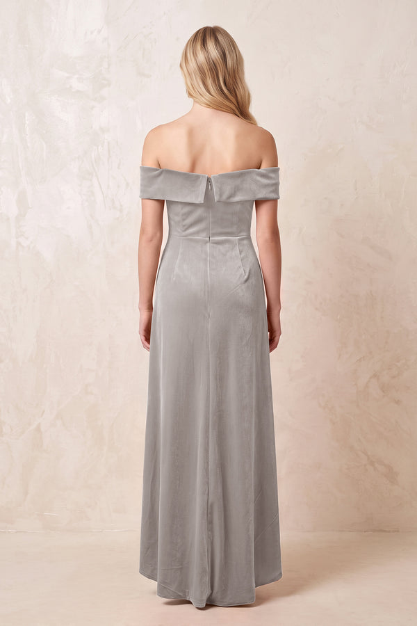 Off - the - Shoulder Sheath Velvet Midi Bridesmaid Dress in Silver - KISS BRIDAL Bridesmaid Dresses