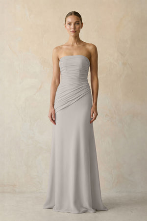 Silver Sheath Chiffon Strapless Pleated Bridesmaid Dress in Frost - KISS BRIDAL Bridesmaid Dresses
