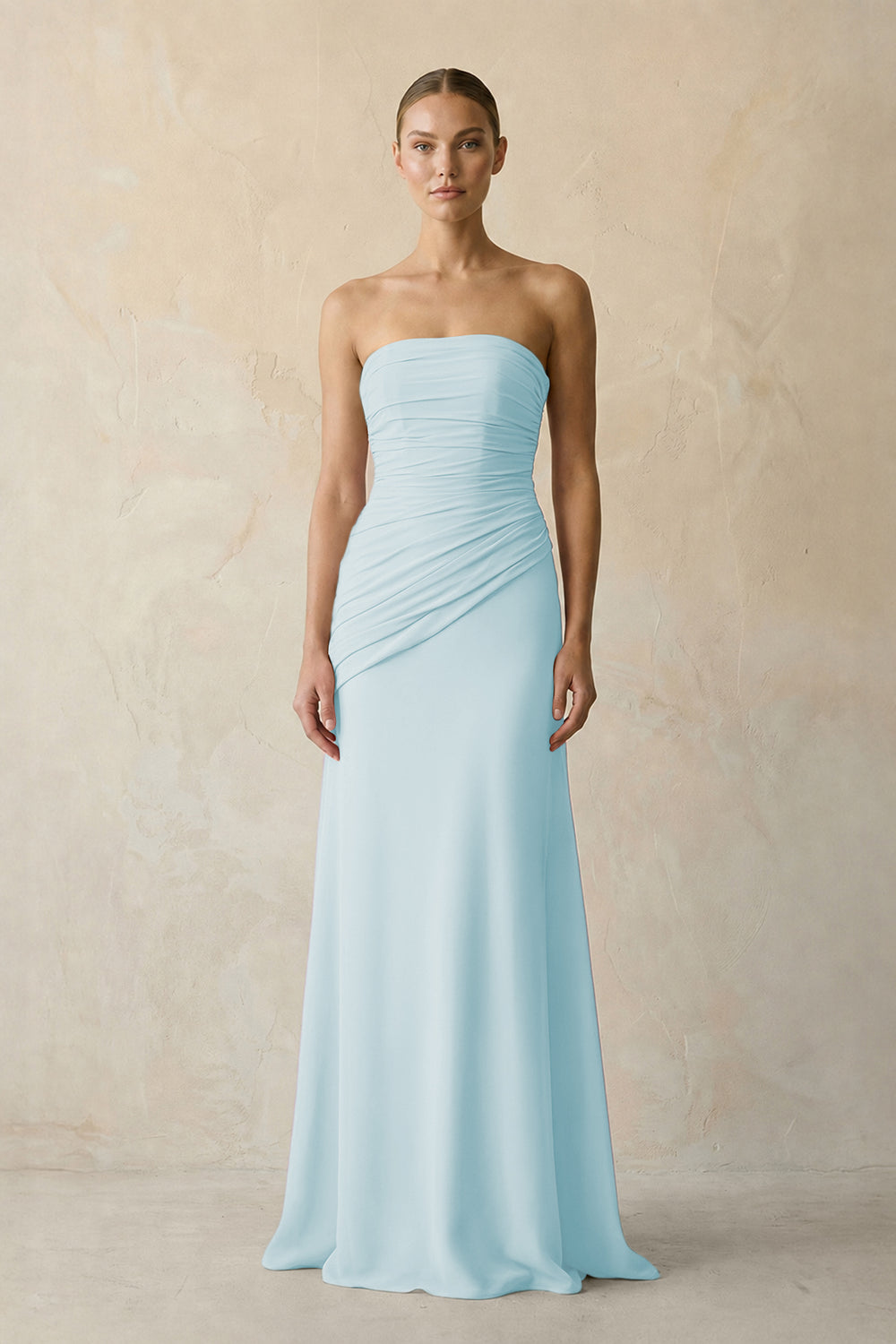 Sheath Chiffon Strapless Pleated Bridesmaid Dress in Sky Blue