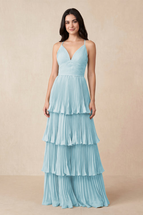 Tiered Pleated V - Neck A - Line Chiffon Bridesmaid Dress in Sky Blue - KISS BRIDAL Bridesmaid Dresses