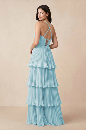 Tiered Pleated V - Neck A - Line Chiffon Bridesmaid Dress in Sky Blue - KISS BRIDAL Bridesmaid Dresses