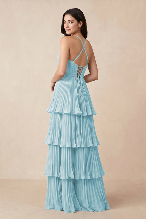Tiered Pleated V - Neck A - Line Chiffon Bridesmaid Dress in Sky Blue - KISS BRIDAL Bridesmaid Dresses