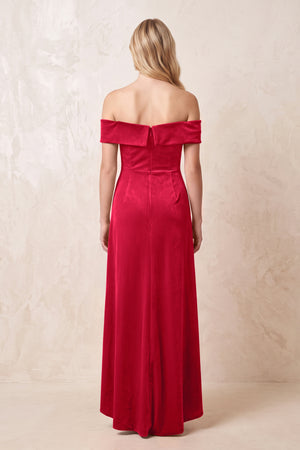 Off - the - Shoulder Sheath Velvet Midi Bridesmaid Dress in Spice - KISS BRIDAL Bridesmaid Dresses