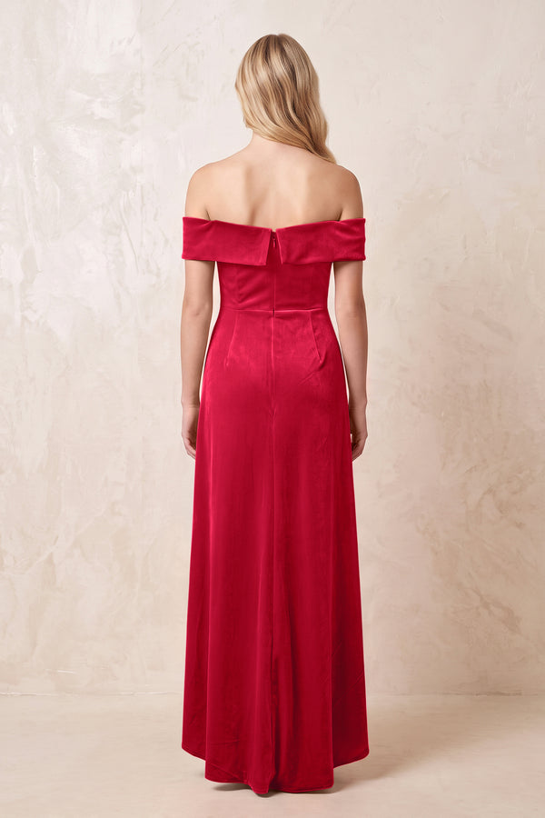 Off - the - Shoulder Sheath Velvet Midi Bridesmaid Dress in Spice - KISS BRIDAL Bridesmaid Dresses