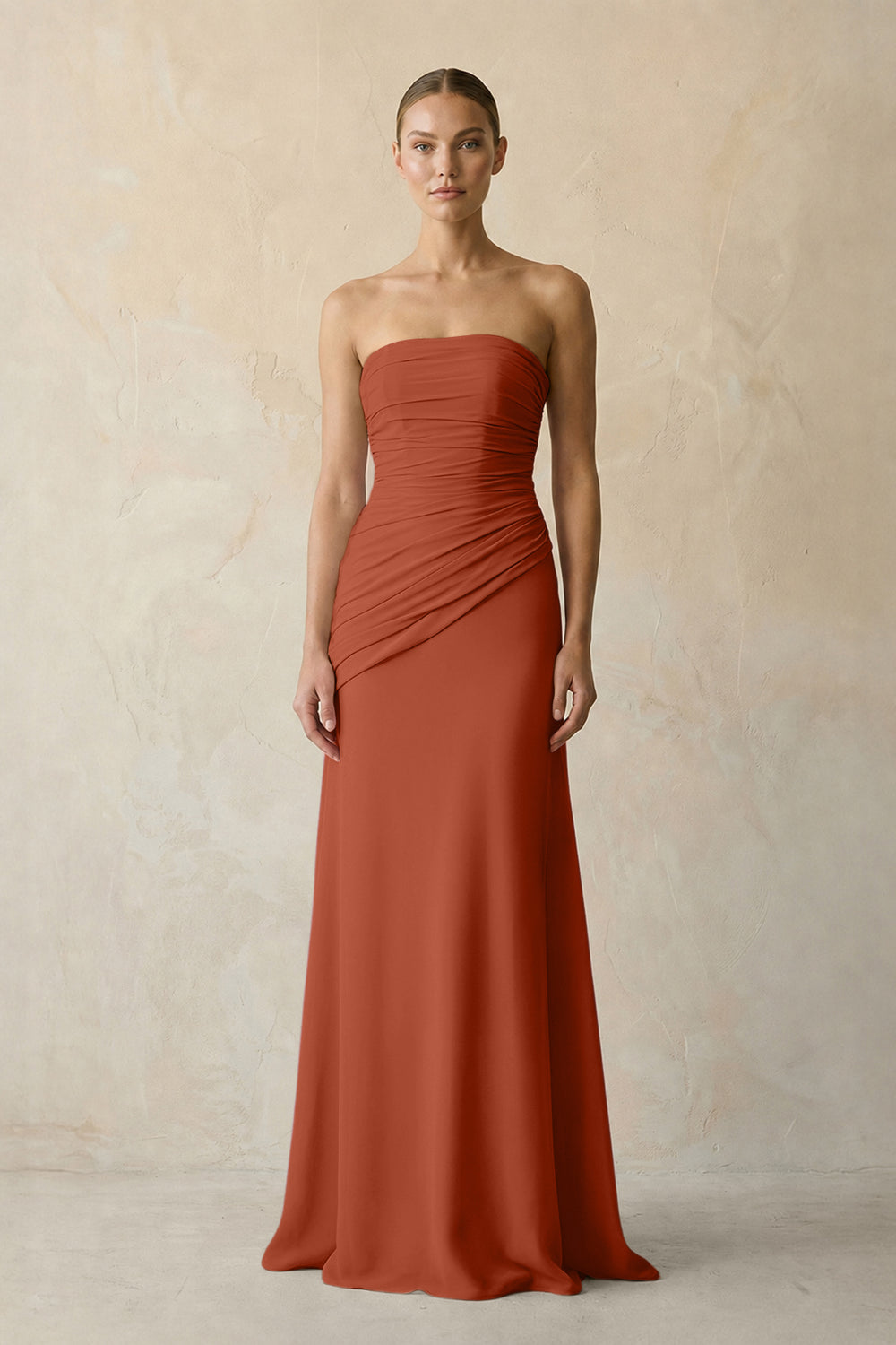 Sheath Chiffon Strapless Pleated Bridesmaid Dress in Spice