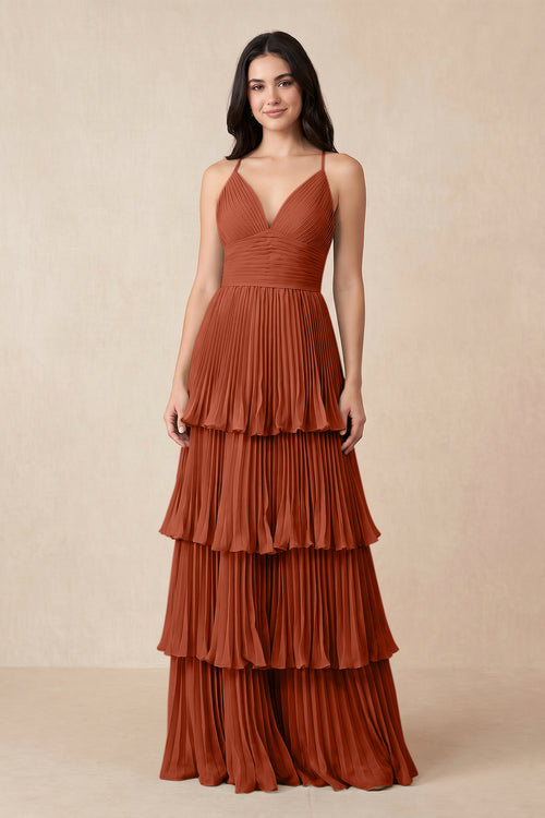 Tiered Pleated V - Neck A - Line Chiffon Bridesmaid Dress in Spice - KISS BRIDAL Bridesmaid Dresses