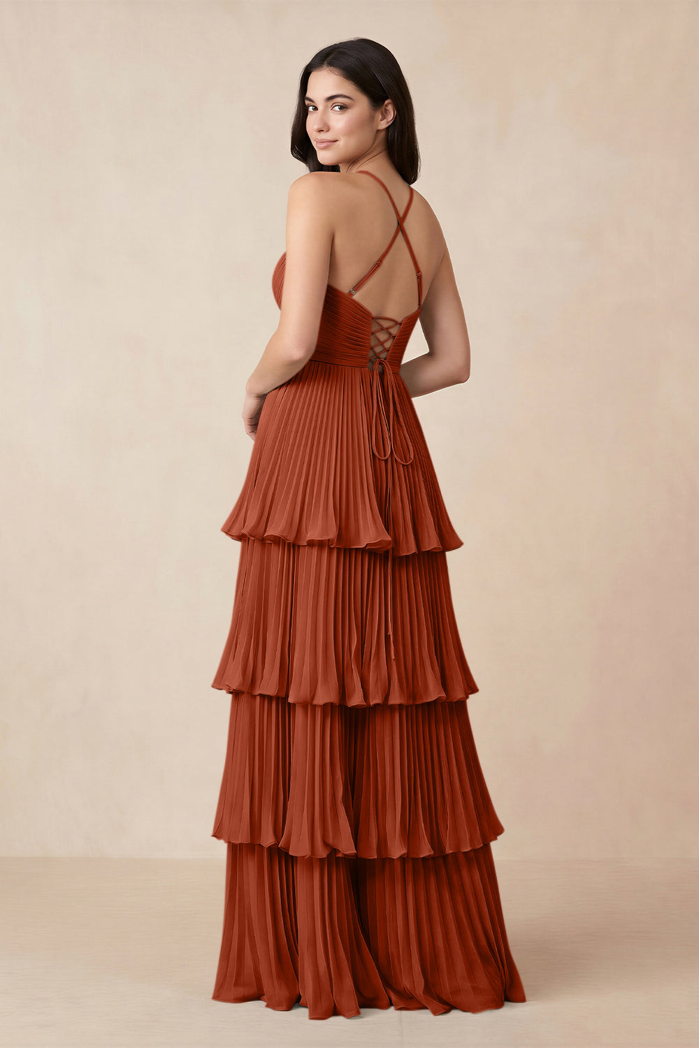 Tiered Pleated V-Neck A-Line Chiffon Bridesmaid Dress in Spice