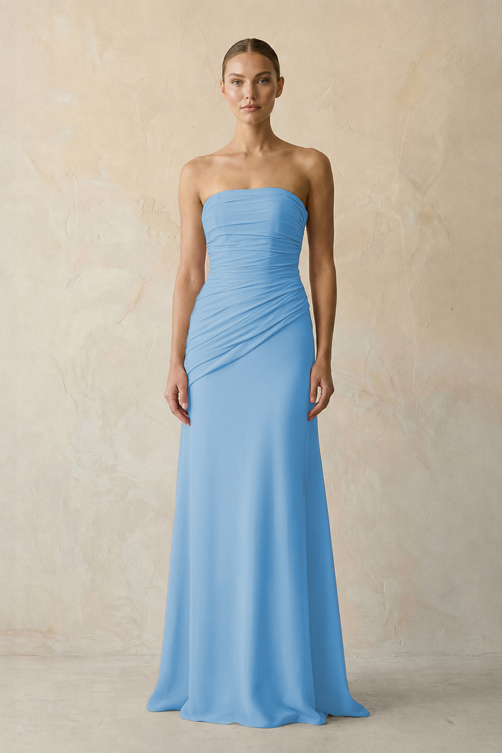 Sheath Chiffon Strapless Pleated Bridesmaid Dress in Steel Blue