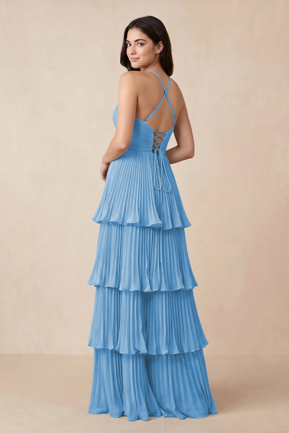 Tiered Pleated V-Neck A-Line Chiffon Bridesmaid Dress in Steel Blue