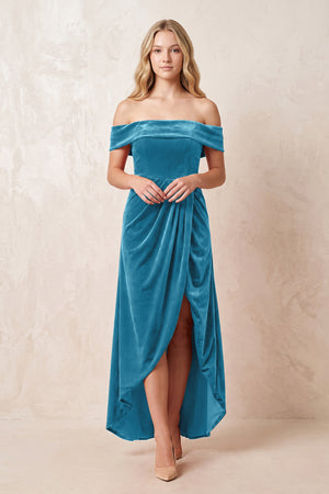 Off - the - Shoulder Sheath Velvet Midi Bridesmaid Dress in Steel Blue - KISS BRIDAL Bridesmaid Dresses