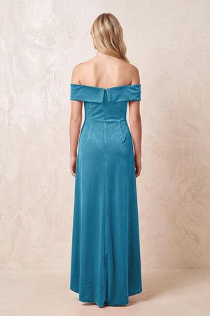 Off - the - Shoulder Sheath Velvet Midi Bridesmaid Dress in Steel Blue - KISS BRIDAL Bridesmaid Dresses