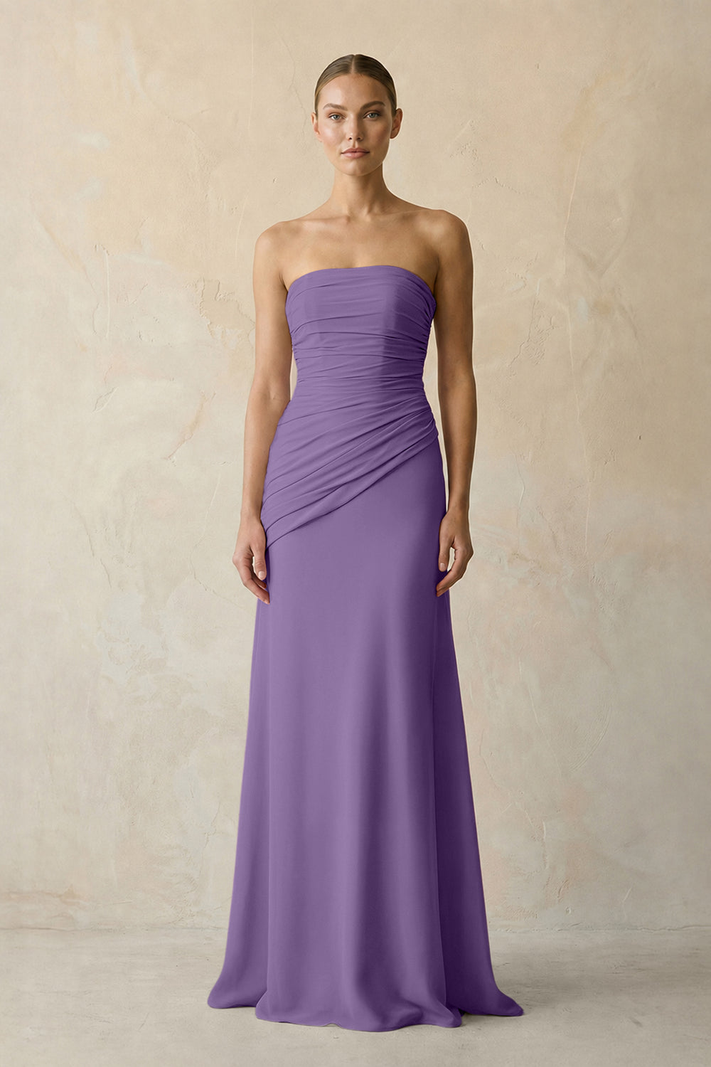 Sheath Chiffon Strapless Pleated Bridesmaid Dress in Tahiti