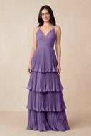 Tiered Pleated V - Neck A - Line Chiffon Bridesmaid Dress in Tahiti - KISS BRIDAL Bridesmaid Dresses