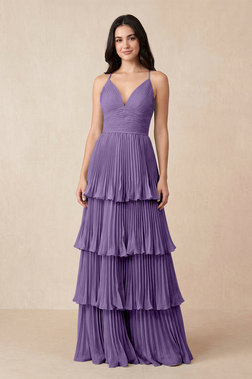 Tiered Pleated V - Neck A - Line Chiffon Bridesmaid Dress in Tahiti - KISS BRIDAL Bridesmaid Dresses