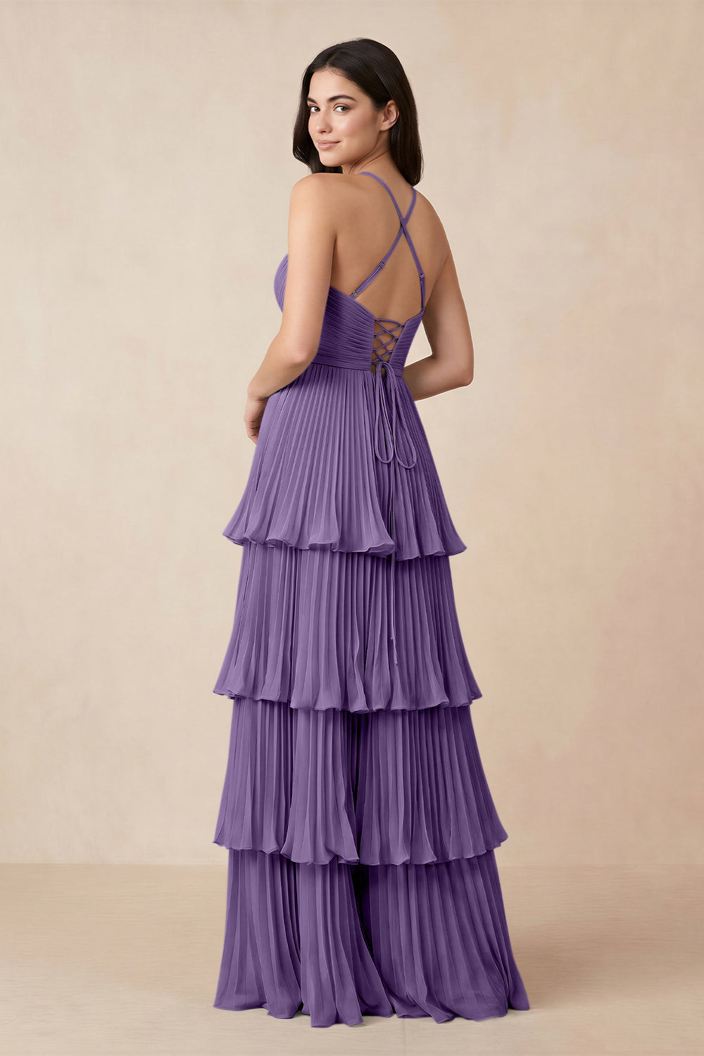 Tiered Pleated V-Neck A-Line Chiffon Bridesmaid Dress in Tahiti