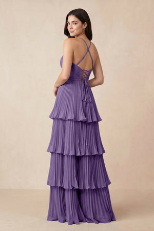 Tiered Pleated V - Neck A - Line Chiffon Bridesmaid Dress in Tahiti - KISS BRIDAL Bridesmaid Dresses