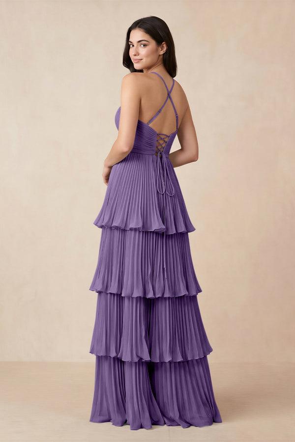 Tiered Pleated V - Neck A - Line Chiffon Bridesmaid Dress in Tahiti - KISS BRIDAL Bridesmaid Dresses