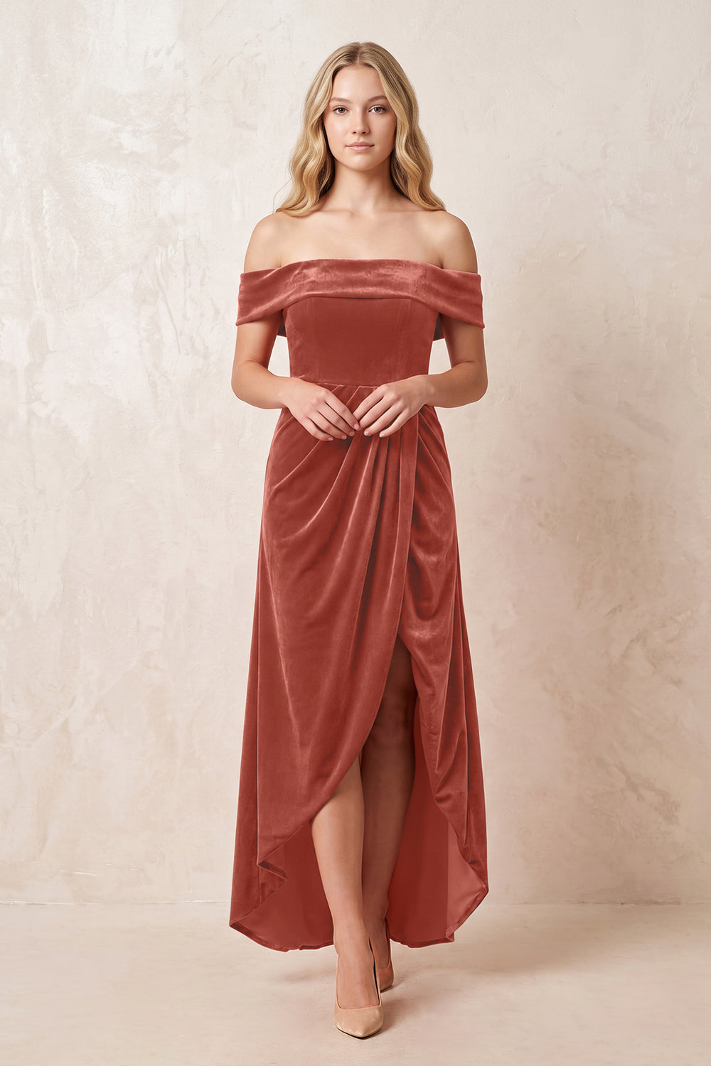 Off-the-Shoulder Sheath Velvet Midi Bridesmaid Dress in Terracotta