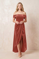 Off - the - Shoulder Sheath Velvet Midi Bridesmaid Dress in Terracotta - KISS BRIDAL Bridesmaid Dresses