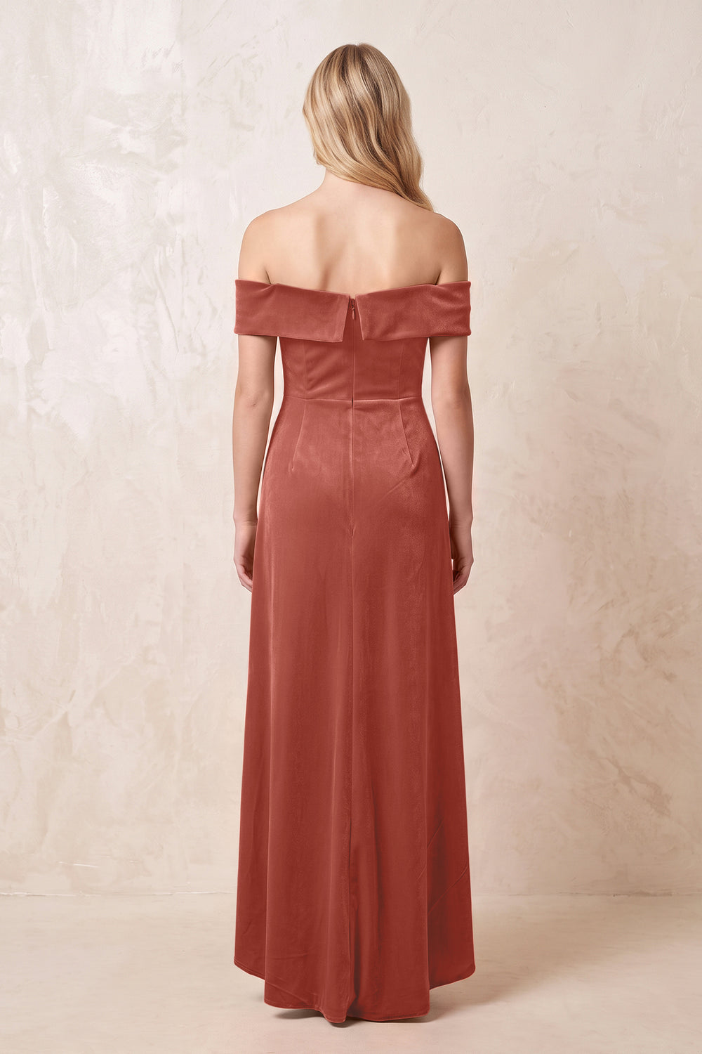 Off-the-Shoulder Sheath Velvet Midi Bridesmaid Dress in Terracotta