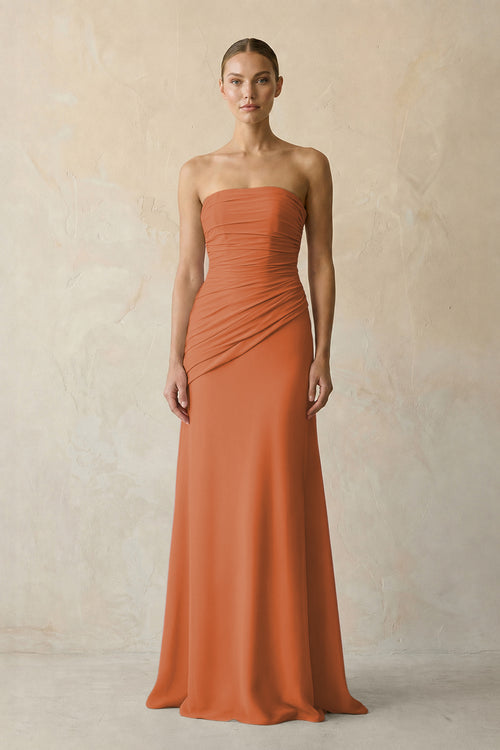 Terracotta Sheath Chiffon Strapless Pleated Bridesmaid Dress in Matcha - KISS BRIDAL Bridesmaid Dresses