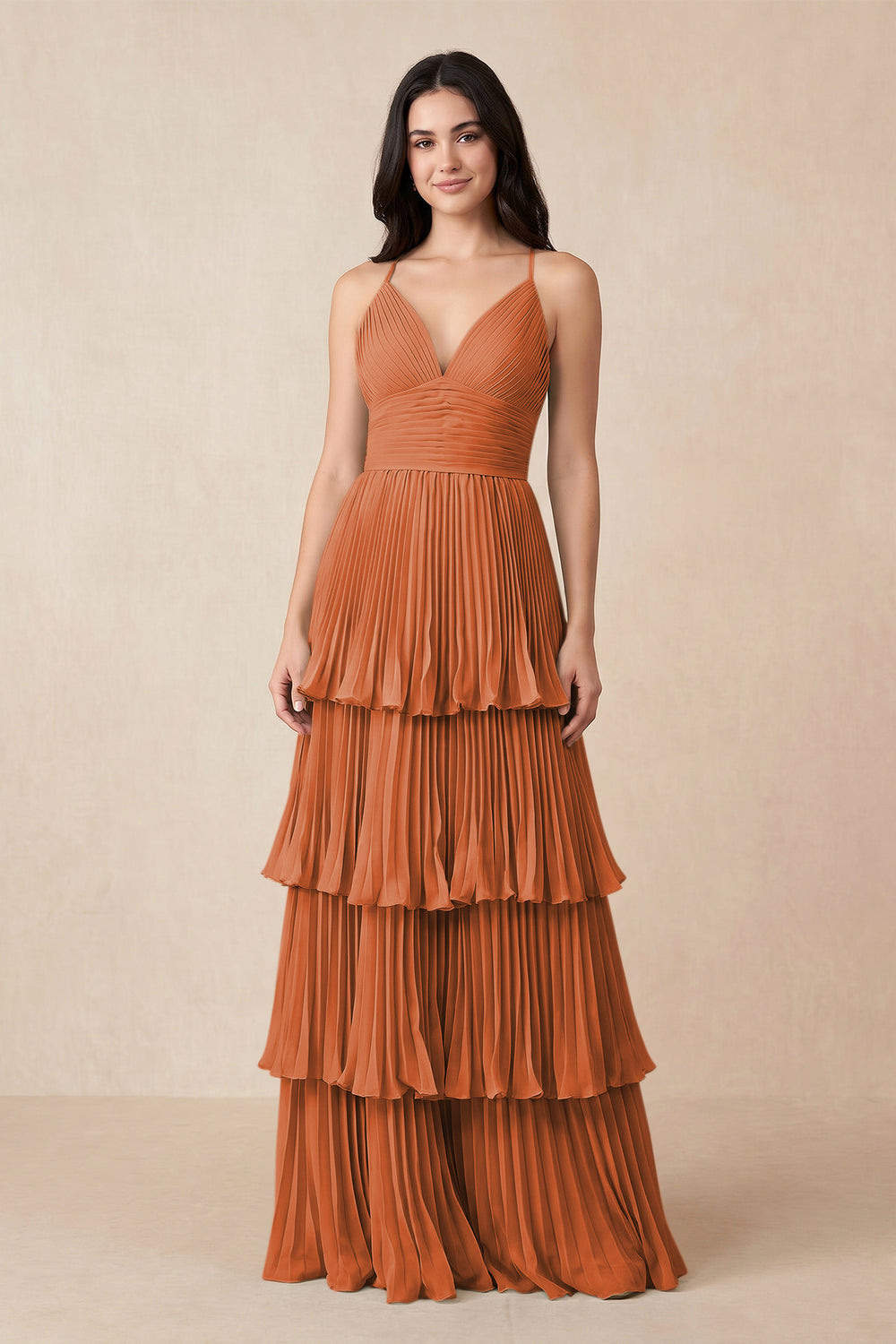 Tiered Pleated V-Neck A-Line Chiffon Bridesmaid Dress in Terracotta