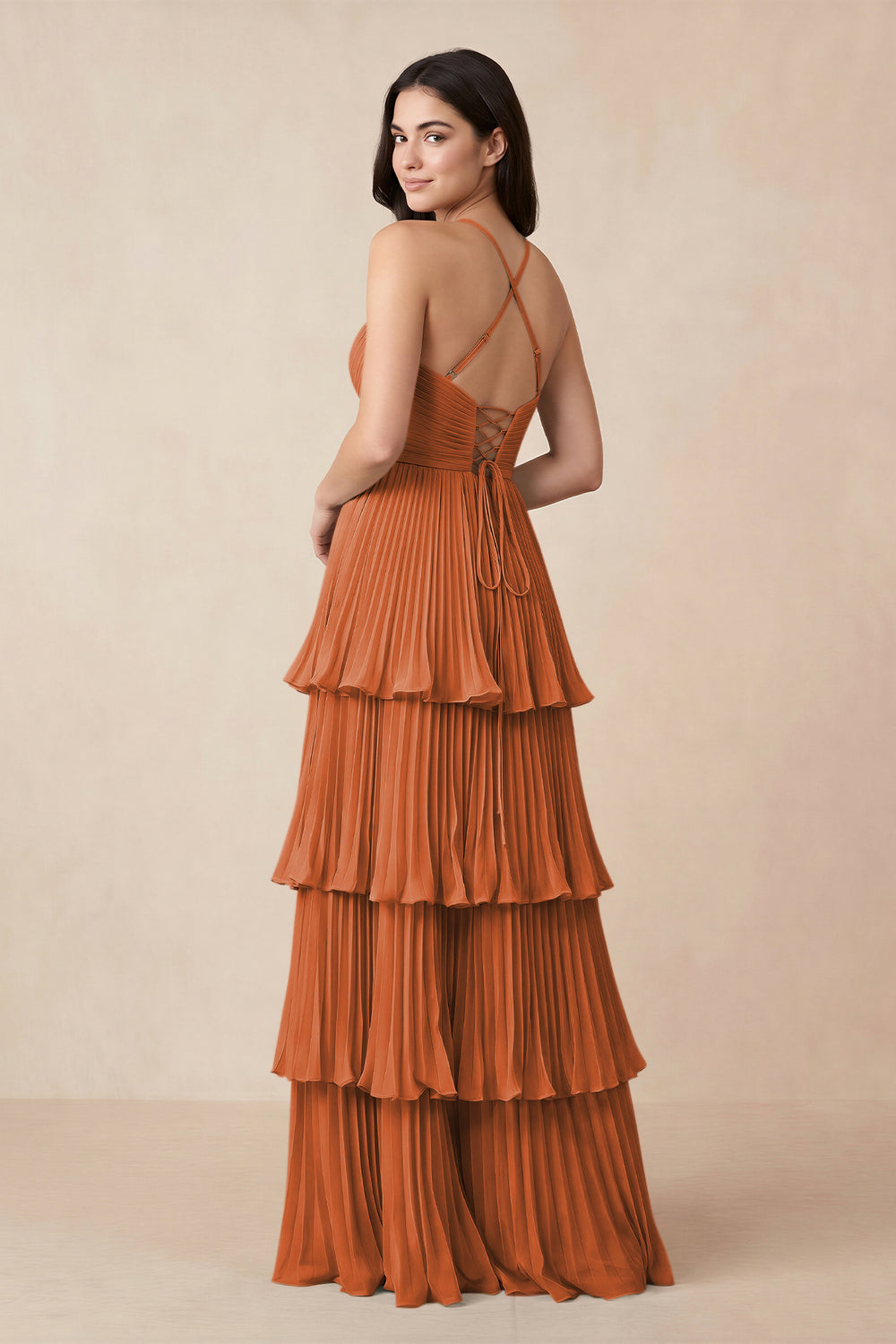 Tiered Pleated V-Neck A-Line Chiffon Bridesmaid Dress in Terracotta