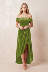 Off - the - Shoulder Sheath Velvet Midi Bridesmaid Dress in Thyme - KISS BRIDAL Bridesmaid Dresses
