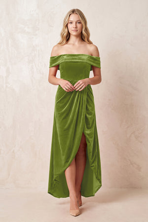 Off - the - Shoulder Sheath Velvet Midi Bridesmaid Dress in Thyme - KISS BRIDAL Bridesmaid Dresses