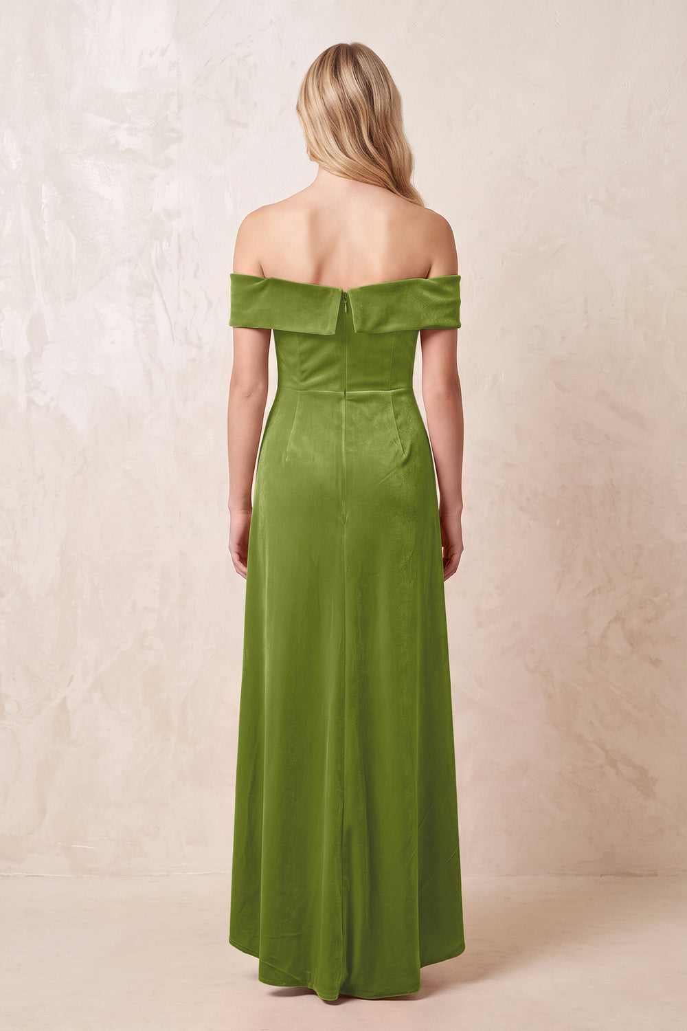 Off-the-Shoulder Sheath Velvet Midi Bridesmaid Dress in Thyme