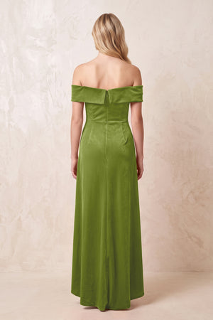 Off - the - Shoulder Sheath Velvet Midi Bridesmaid Dress in Thyme - KISS BRIDAL Bridesmaid Dresses