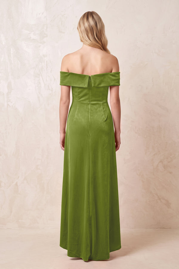Off - the - Shoulder Sheath Velvet Midi Bridesmaid Dress in Thyme - KISS BRIDAL Bridesmaid Dresses