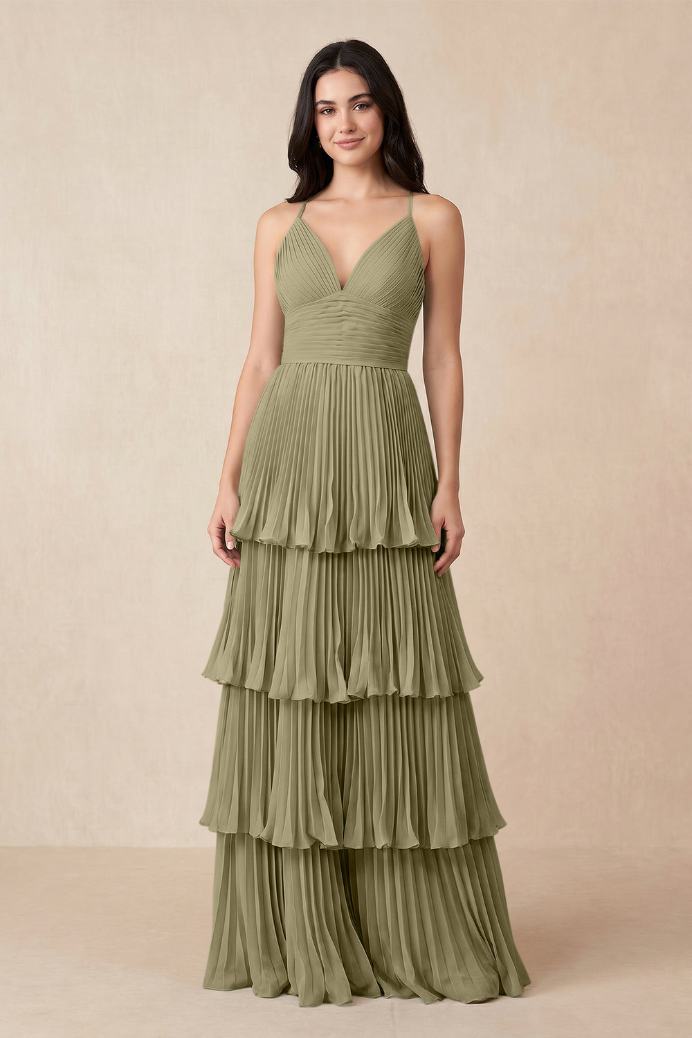 Tiered Pleated V-Neck A-Line Chiffon Bridesmaid Dress in Thyme