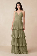 Tiered Pleated V - Neck A - Line Chiffon Bridesmaid Dress in Thyme - KISS BRIDAL Bridesmaid Dresses