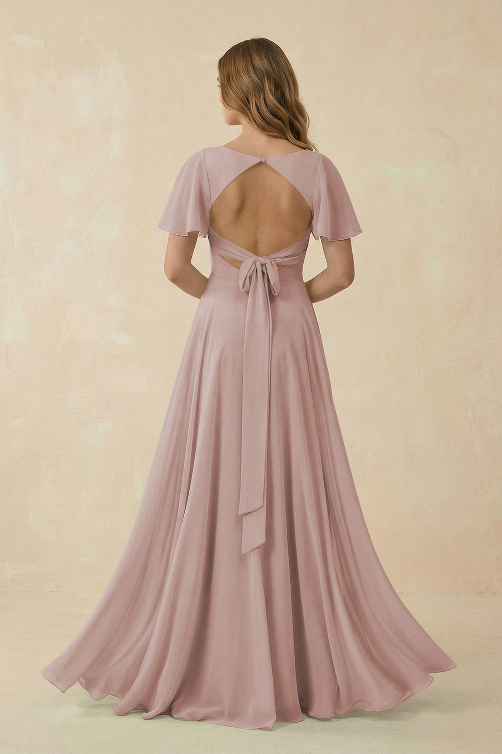 Flutter Sleeve V-Neck Chiffon A-Line Bridesmaid Dress in Toffee