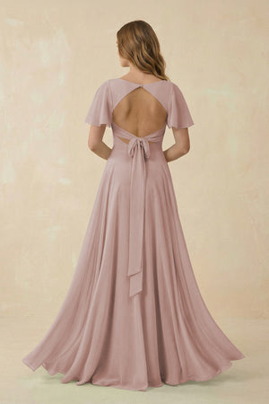 Flutter Sleeve V-Neck Chiffon A-Line Bridesmaid Dress in Toffee | KISSBRIDAL