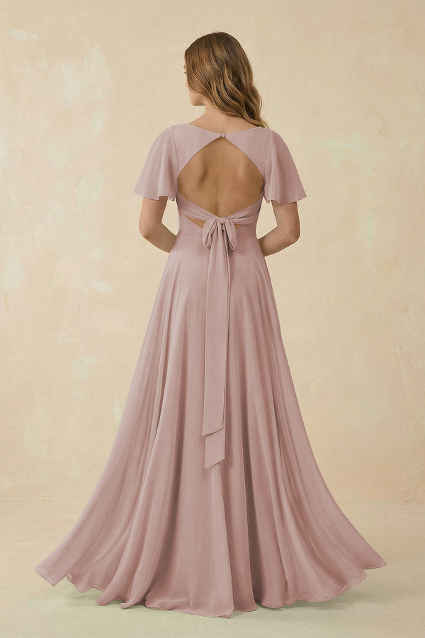 Flutter Sleeve V-Neck Chiffon A-Line Bridesmaid Dress in Toffee | KISSBRIDAL