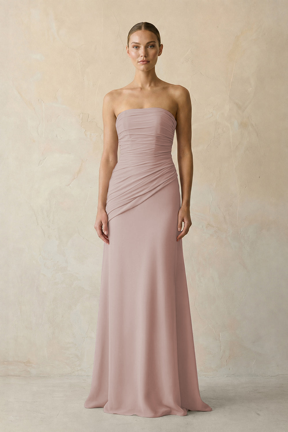 Sheath Chiffon Strapless Pleated Bridesmaid Dress in Toffee