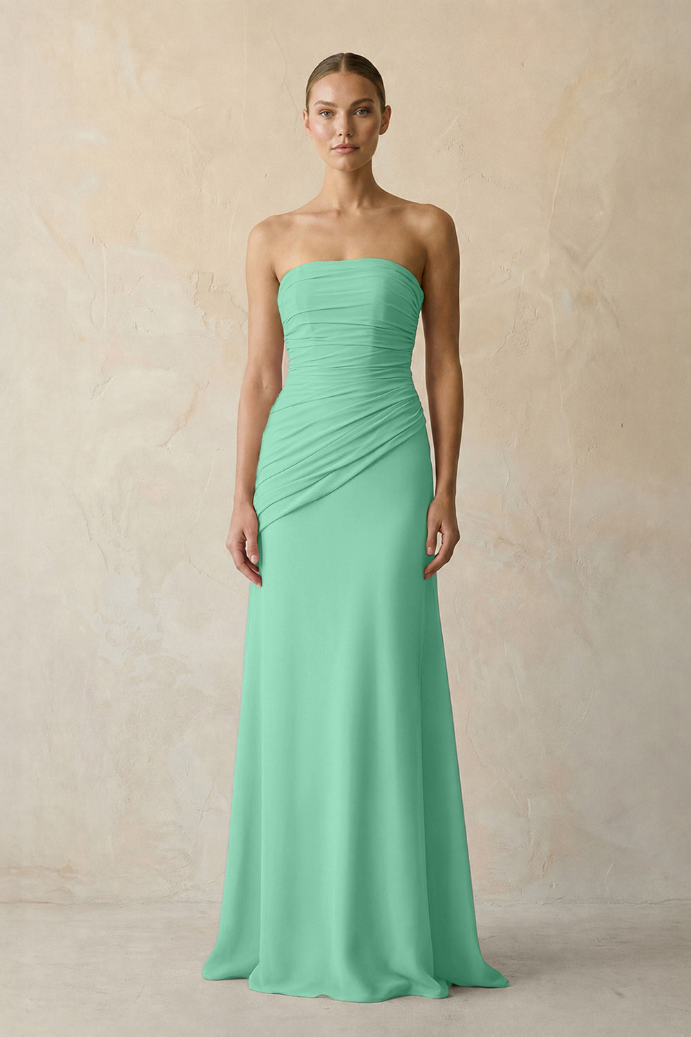 Sheath Chiffon Strapless Pleated Bridesmaid Dress in Turquoise