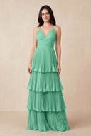 Tiered Pleated V - Neck A - Line Chiffon Bridesmaid Dress in Turquoise - KISS BRIDAL Bridesmaid Dresses