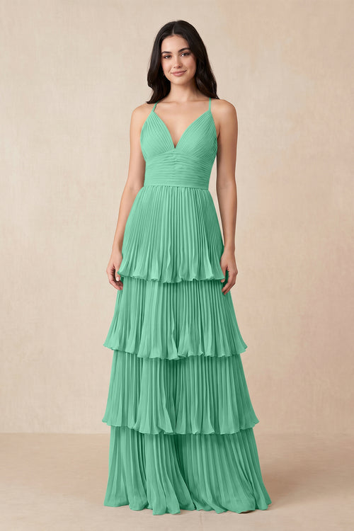 Tiered Pleated V - Neck A - Line Chiffon Bridesmaid Dress in Turquoise - KISS BRIDAL Bridesmaid Dresses