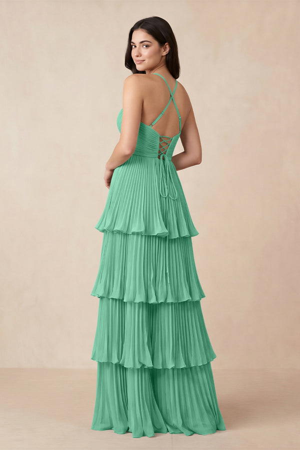 Tiered Pleated V - Neck A - Line Chiffon Bridesmaid Dress in Turquoise - KISS BRIDAL Bridesmaid Dresses