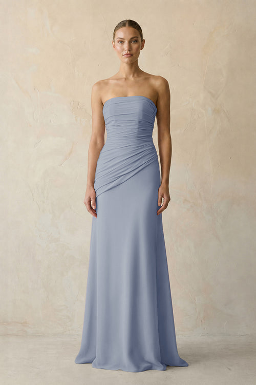 Twilight Sheath Chiffon Strapless Pleated Bridesmaid Dress in Frost - KISS BRIDAL Bridesmaid Dresses