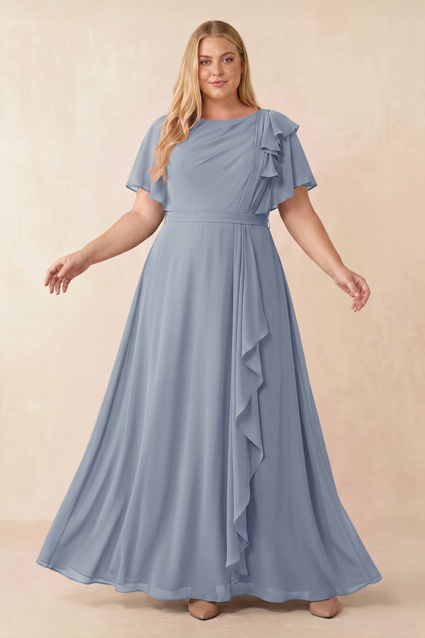 Short Sleeves Bateau A-Line Chiffon Bridesmaid Dress in Twilight