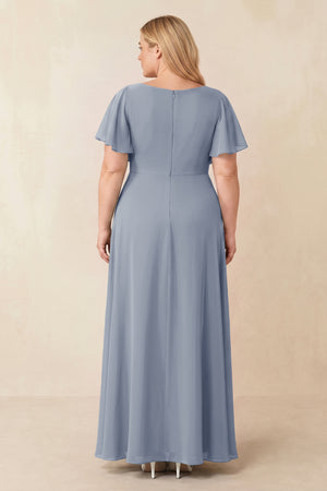 Short Sleeves Bateau A-Line Chiffon Bridesmaid Dress in Twilight